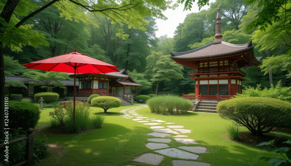 Fototapeta premium Serene Japanese Garden with Traditional Pagoda-Style Buildings and Lush Greenery