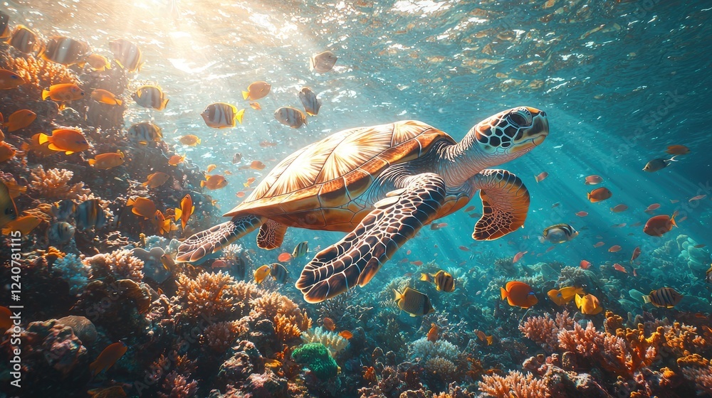 Naklejka premium Sea Turtle Gracefully Swims Through Vibrant Coral Reef