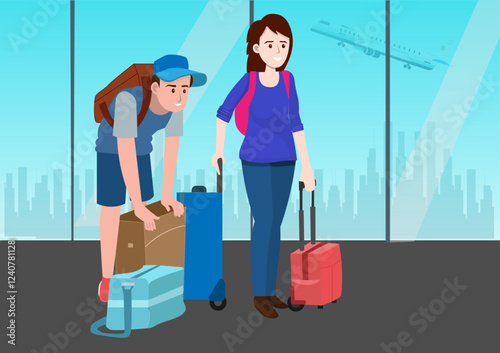 Happy couple with suitcases and luggage in airport Young men and women will go on vacation during the summer vacation. Vector illustration