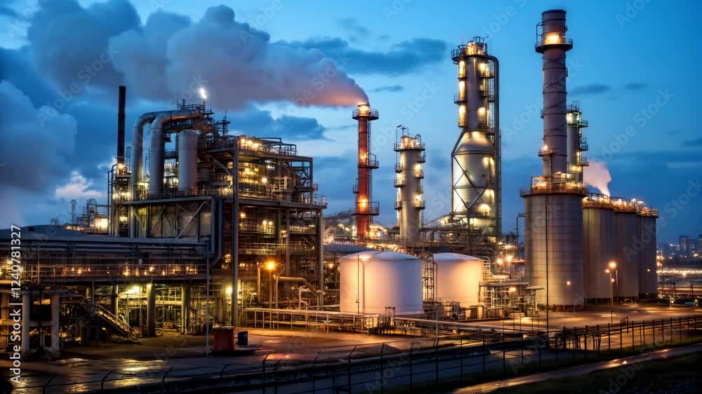Modern industrial complex with smokestacks and illuminated structures at dusk. Modern industrial complex with smokestacks and illuminated structures at dusk.