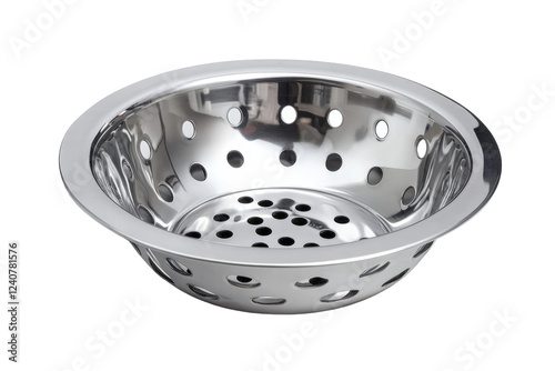 Isolated Round Stainless Steel Colander with Perforations