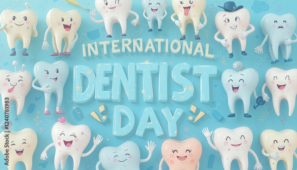 Obraz premium Cartoonish teeth characters celebrating International Dentist Day promoting dental health and hygiene awareness