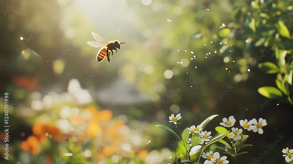 Honeybee in Flight Over a Sunny Garden Honeybee in Flight Over a Sunny Garden