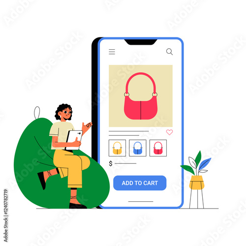 Online Shopping, Woman Browsing Handbag On Mobile Store in Flat Vector Illustration Symbolizing E Commerce, Digital Retail, and Online Purchase, Isolated on White Background