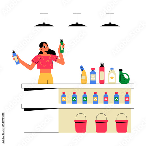 Woman Comparing Products On Store Shelves In Flat Vector Illustration Symbolizing Consumer Choice, Retail Shopping, And Decision Making, Isolated On White Background.