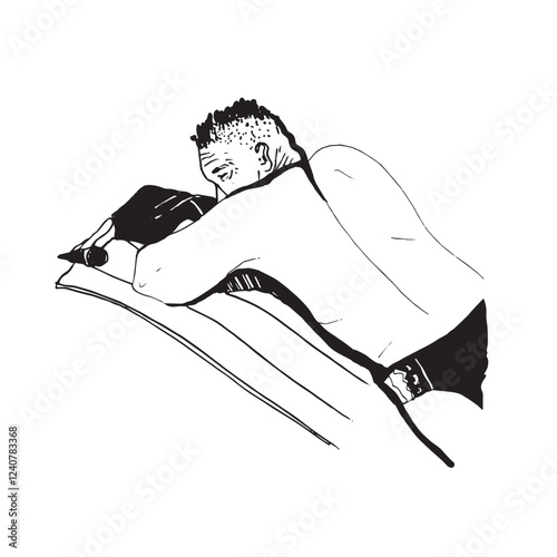 homme couché sur le ventre sur sa serviette de plage. Esquisse noir et blanc d'une silhouette d'homme couché. Croquis de style illustration en noir et blanc	