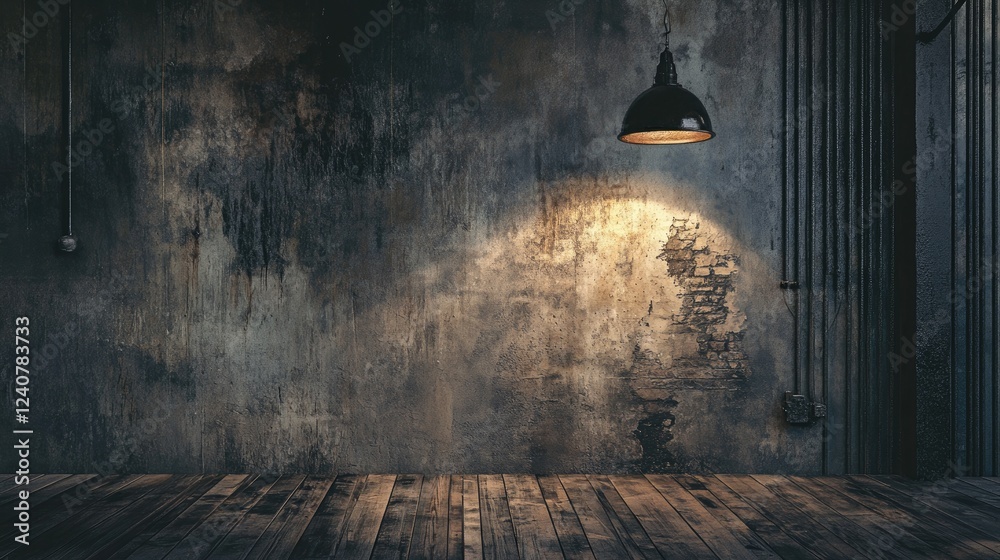 Obraz premium Concrete walls, wooden flooring, and harsh overhead lighting combine to create a moody, industrial setting with a grungy vibe.