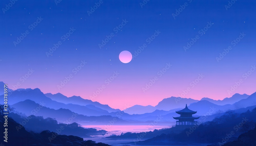 Fototapeta premium Serene Nightscape with Full Moon over Misty Mountains and Traditional Pavilion