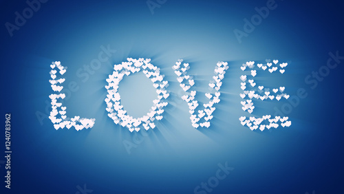 The word love alphabets with blue and white heart shapes with shadows. Valentines Day illustration.

