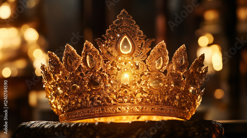 Brahmaâs golden crown intricately designed with ancient Vedic symbols, reflecting divine light photo