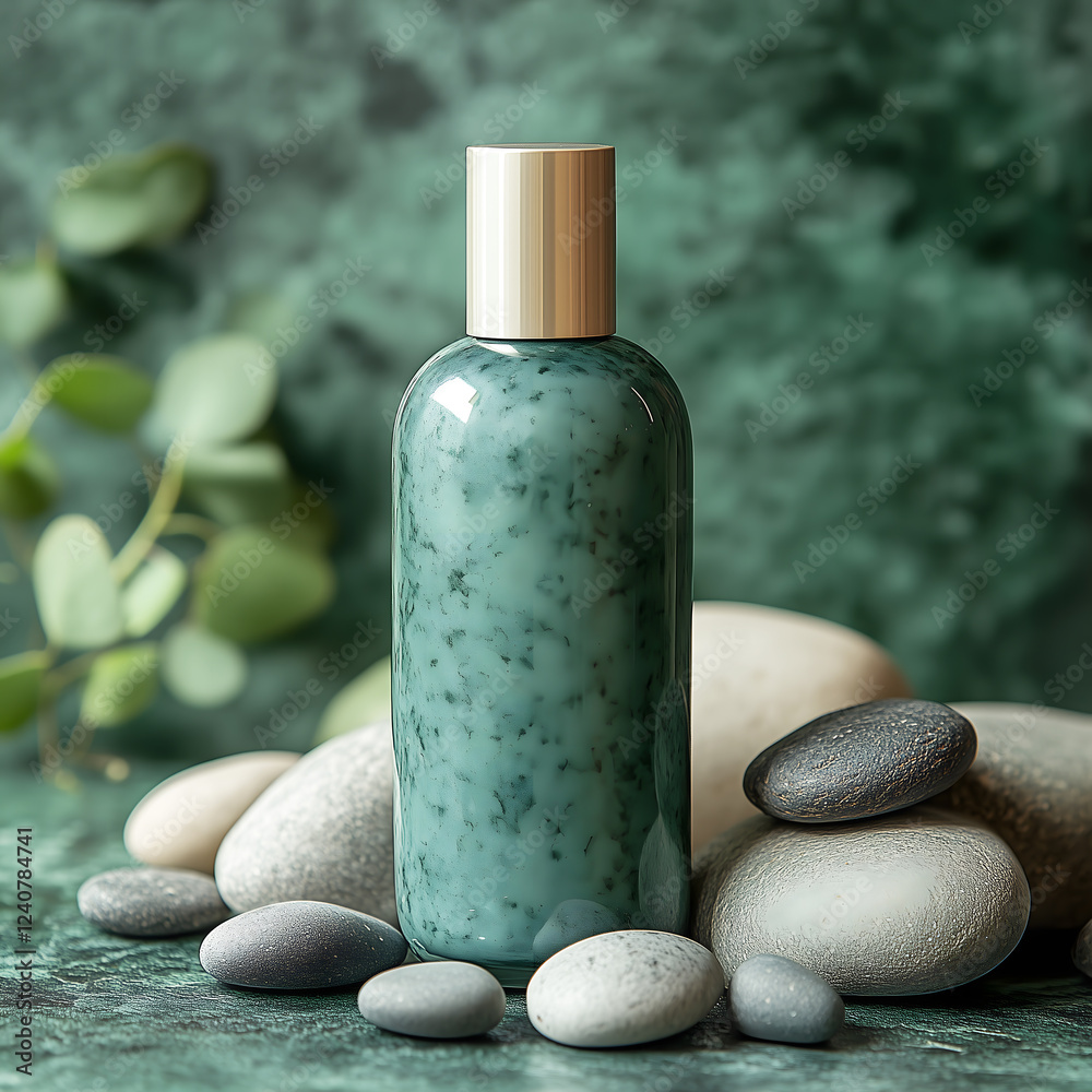 Dropper bottle of serum mockup on an abstract pastel green with stone background Dropper bottle of serum mockup on an abstract pastel green with stone background