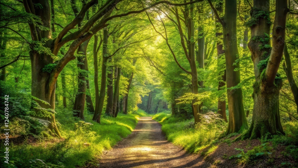 Obraz premium Forest Pathway Under Dappled Light, forest ambiance, woodland path