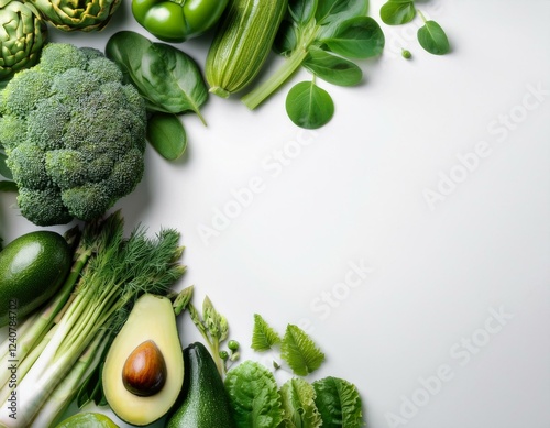 top view of green veggies on white background with copy space image embracing healthy eating vegan lifestyle