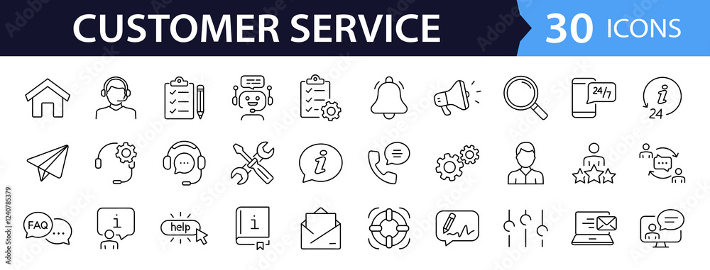 Customer service set of web icons in line style. Help and support. Support and service icons for web and mobile app. Online help, assistance, customer, 24 hrs, service and more. Vector illustration
