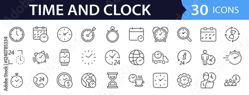 Time and Clock set of web icons in line style. Time management. Timer, Speed, Date, Countdown, Alarm, Recovery, Time, clock, watch, calendar simple icons for web and mobile app. Vector illustration
