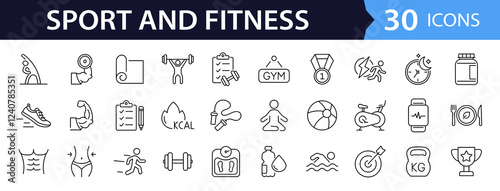 Sport and Fitness set of web icons in line style. Gym and health care. Healthy lifestyle icons. Nutrition and dieting, training, body care, healthy food, workout, muscle, weight and more
