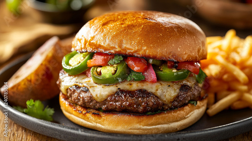  pepper burger with spicy jalapeños and melted cheese, presented on a plate
