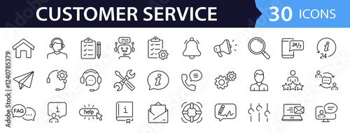 Customer service set of web icons in line style. Help and support. Support and service icons for web and mobile app. Online help, assistance, customer, 24 hrs, service and more. Vector illustration
