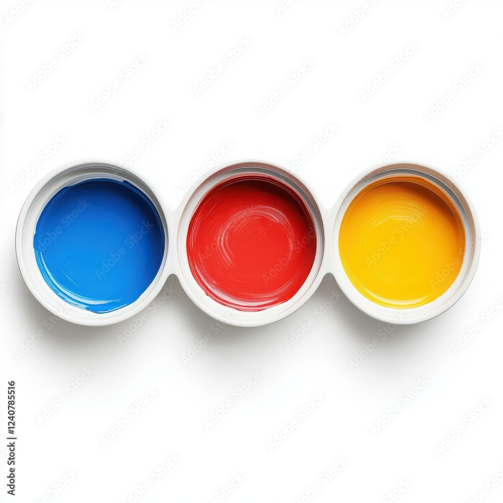 Three vibrant paint colors in bowls: blue, red, and yellow, ideal for art projects. Three vibrant paint colors in bowls: blue, red, and yellow, ideal for art projects.
