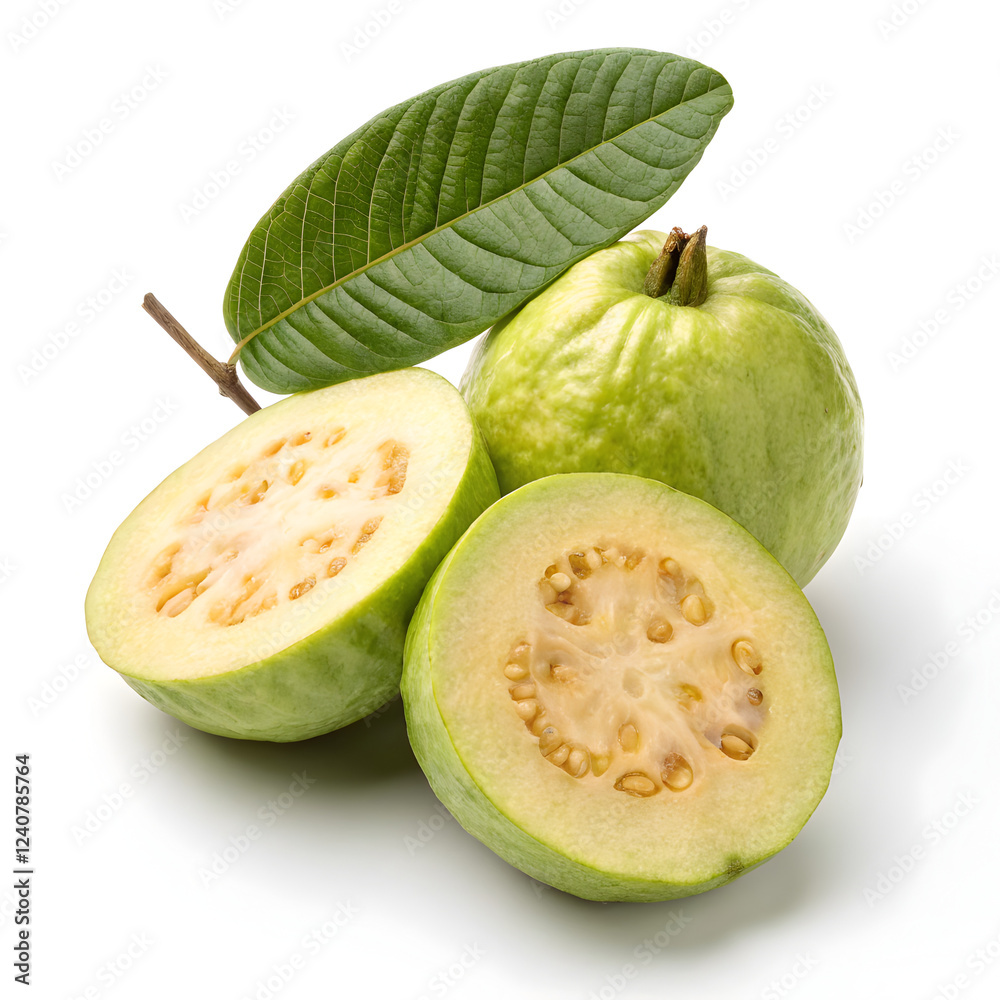 Guava and slices of guava on white background Guava and slices of guava on white background