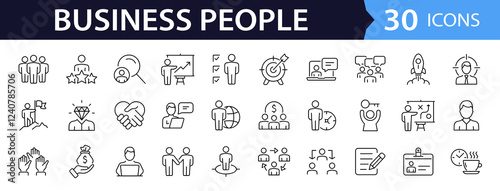 Business People set of web icons in line style. Teamwork in business management icons for web and mobile app. Business meeting, handshake, agreement, human resources, office management, workplace team