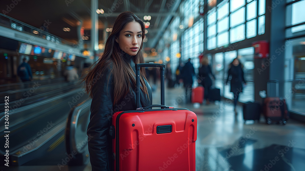 Naklejka premium Stylish Woman at Airport Red Suitcase, Modern Fashion, and Travel Ready.