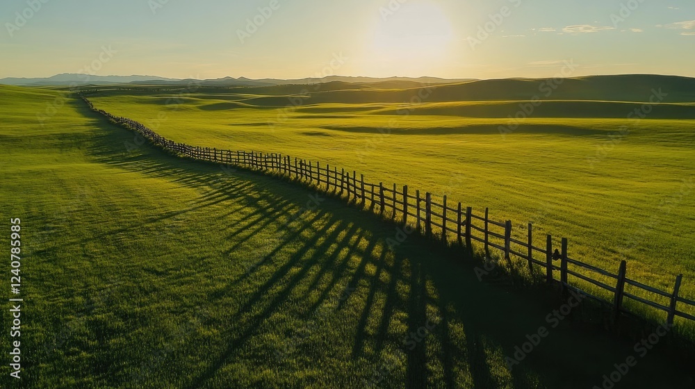 Fototapeta premium Long shadows of a wooden fence stretch across a lush green field as the first rays of the morning sun bathe the landscape.