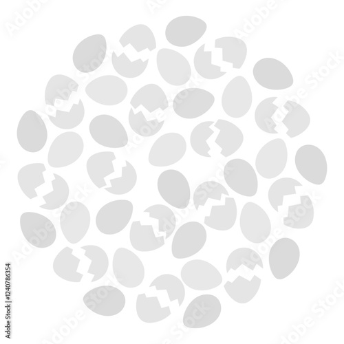 Cracked Eggshell and Whole Eggs Circular Background Texture in grayscale. Thematic cards backdrop