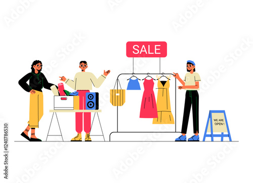 Outdoor Garage Sale With Male And Female Sellers Offering Clothes, Bags, And Electronics. Flat Vector Illustration of Second Hand Shopping And Affordable Deals, Isolated On White Background photo