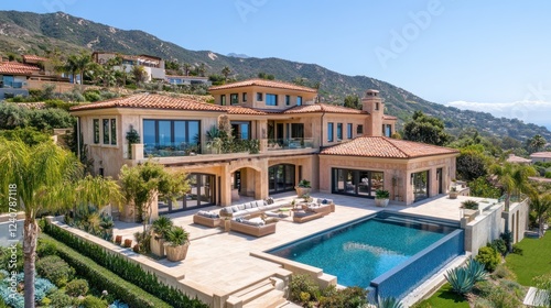 Coastal California mansion aerial view, pool, hills