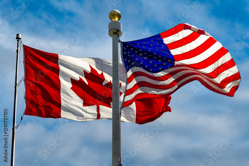 Canada and USA flags flying in strong wind