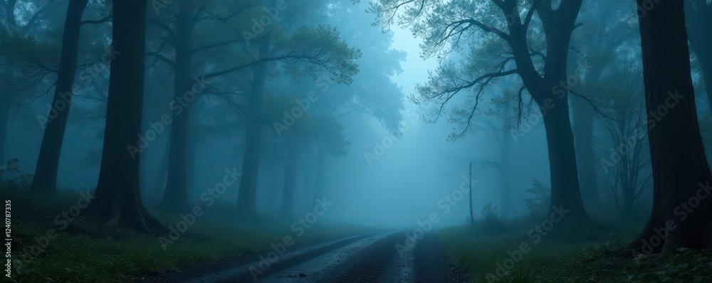 Fototapeta premium Thick fog blankets a dark, brooding forest, creating an air of mystery , somber, atmospheric, fog
