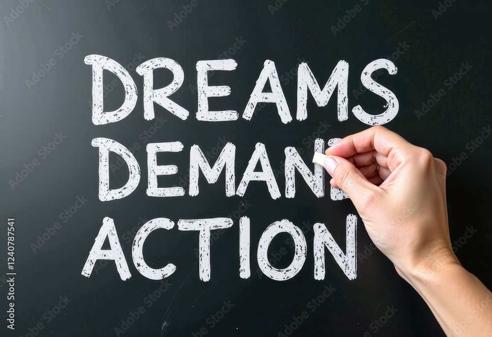 Fototapeta premium Dreams, Demand, Action Written: A Handwriting on a Blackboard Motivational quotes best for wall art or print