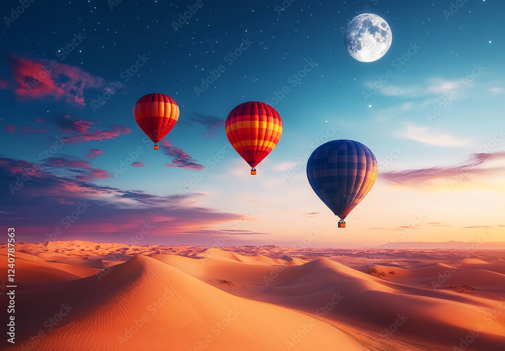 Naklejka premium Hot air balloons floating over the desert dunes with the moon in the sky, ultra-realistic photography. 