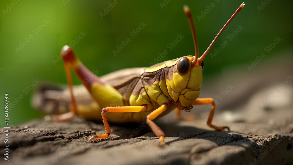 Intricate Close-Up of a Painted Grasshopper (Poekilocerus pictus) Captured on a Rustic Wooden Surface Intricate Close-Up of a Painted Grasshopper (Poekilocerus pictus) Captured on a Rustic Wooden Surface