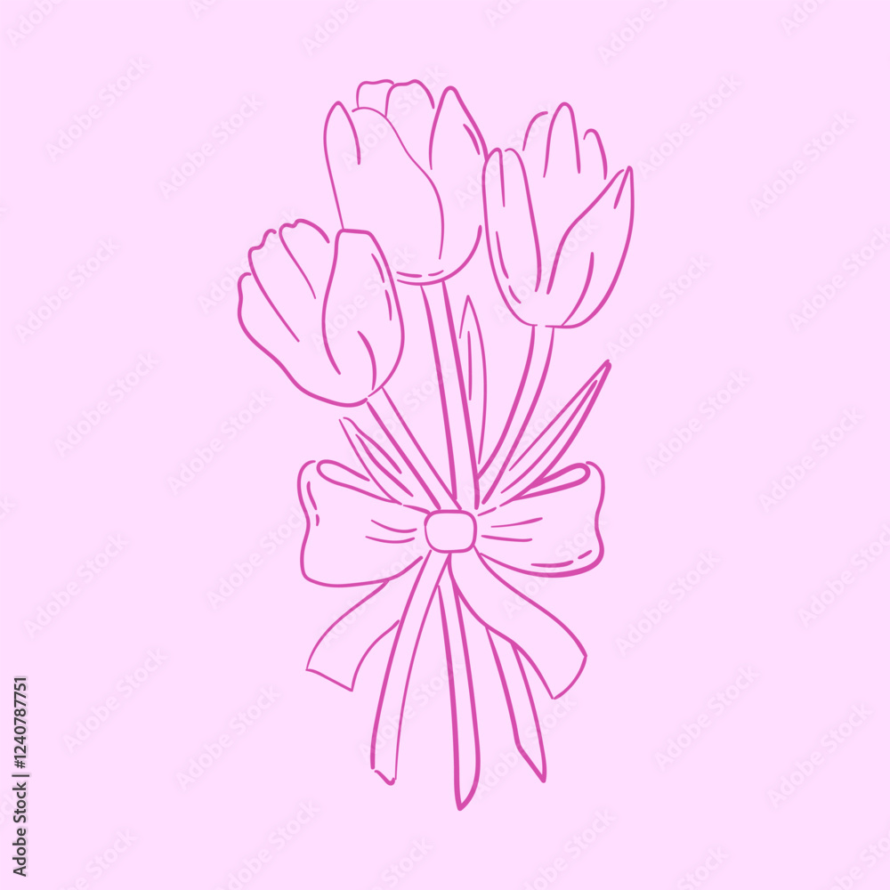Fototapeta premium Line art tulips with coquette bow. Hand drawn bouquet for valentine's day in pink color. Outline flowers, vector design