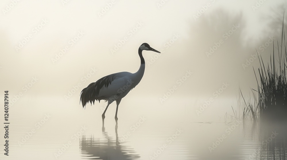 Fototapeta premium A serene silhouette of a crane standing in foggy waters, surrounded by reeds, creating a tranquil and mysterious atmosphere.
