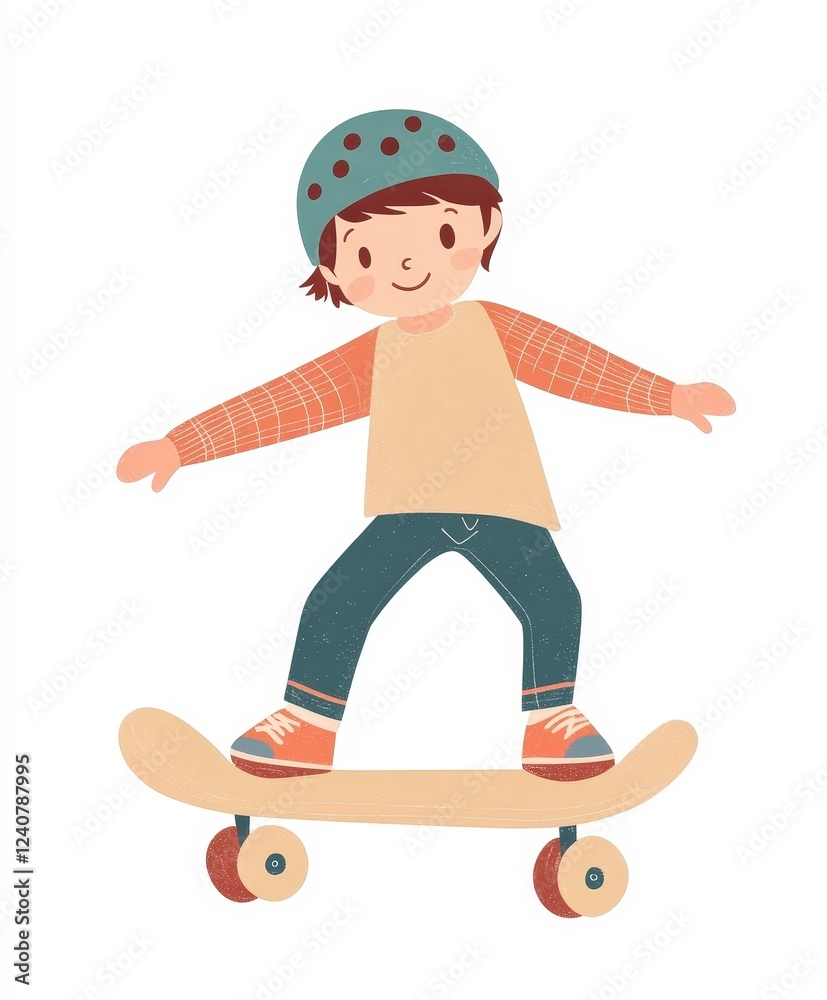 Obraz premium Cheerful Boy Skateboarding with Colorful Helmet and Smiling Face