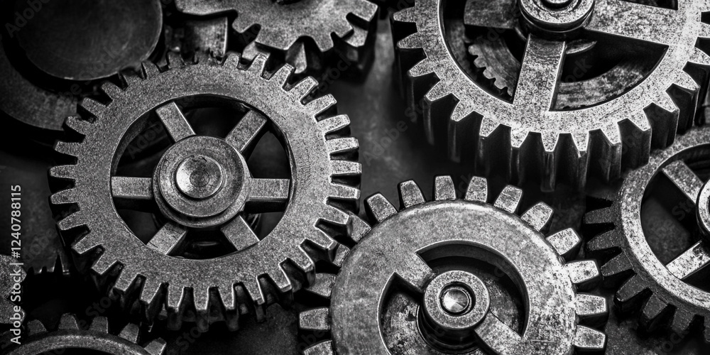 Intricate arrangement of metallic gears in close-up view Intricate arrangement of metallic gears in close-up view