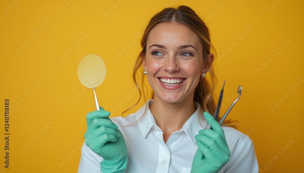 Smiling Female Dentist Holding Dental Mirror and Tools Against Vibrant Yellow Background Smiling Female Dentist Holding Dental Mirror and Tools Against Vibrant Yellow Background