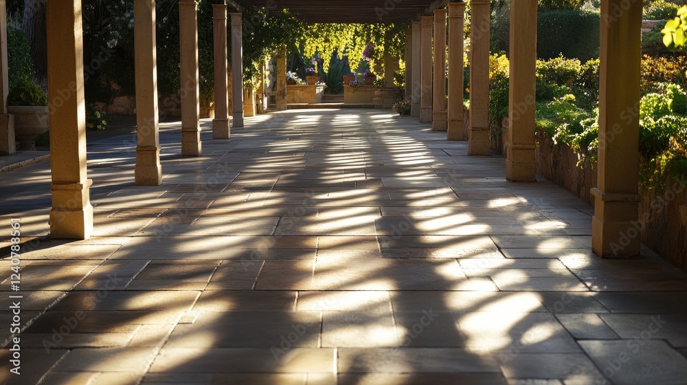 Obraz premium Soft morning sun streams through a pergola, creating long, dramatic shadows across the tiles on the ground.
