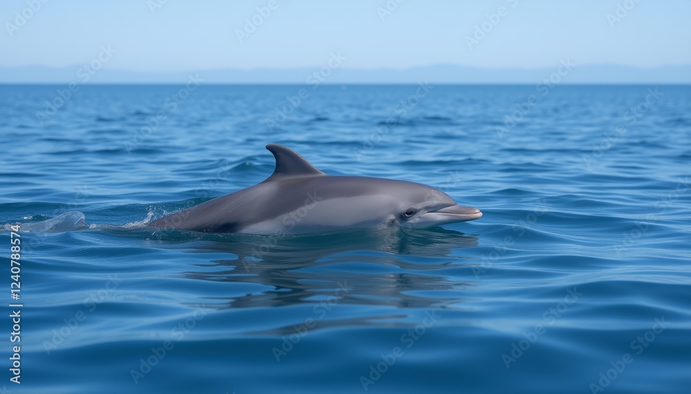 Fototapeta premium Graceful Dolphin Emerging from Calm Ocean Waters Under a Serene Sky