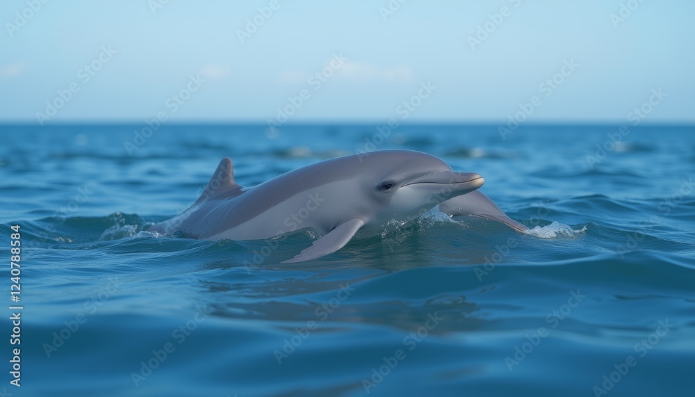 Naklejka premium Graceful Dolphin Emerging from Calm Ocean Waters Under a Serene Sky