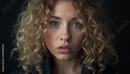 Portrait of a Woman with Lustrous Curly Blonde Hair and Intense Blue Eyes Against a Dark Background
