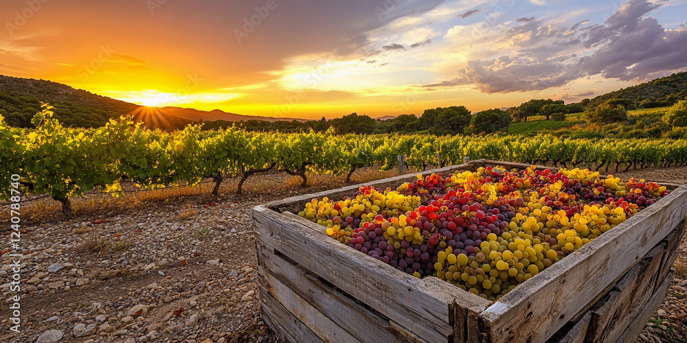 Fototapeta premium Grapes harvested at sunset in a vineyard landscape