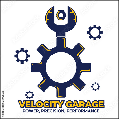velocity garage logo vector design with gear and wrench in yellow and blue color. suitable for logo, icon, poster, advertisement, banner, company, t-shirt design, sticker, website.