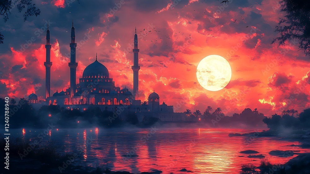 Fototapeta premium Majestic mosque silhouette against a dramatic sunset with vibrant pink and orange clouds reflected in calm water