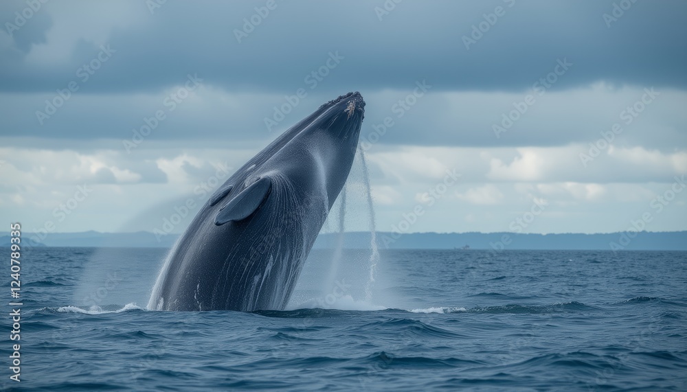 Fototapeta premium Majestic Whale Breaching the Ocean Surface Amidst Splashing Waves and Cloudy Sky