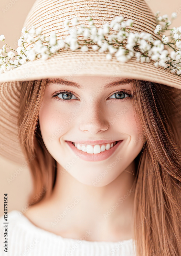 Smiling young woman in hat joyful studio photography with soft light Smiling young woman in hat joyful studio photography with soft light