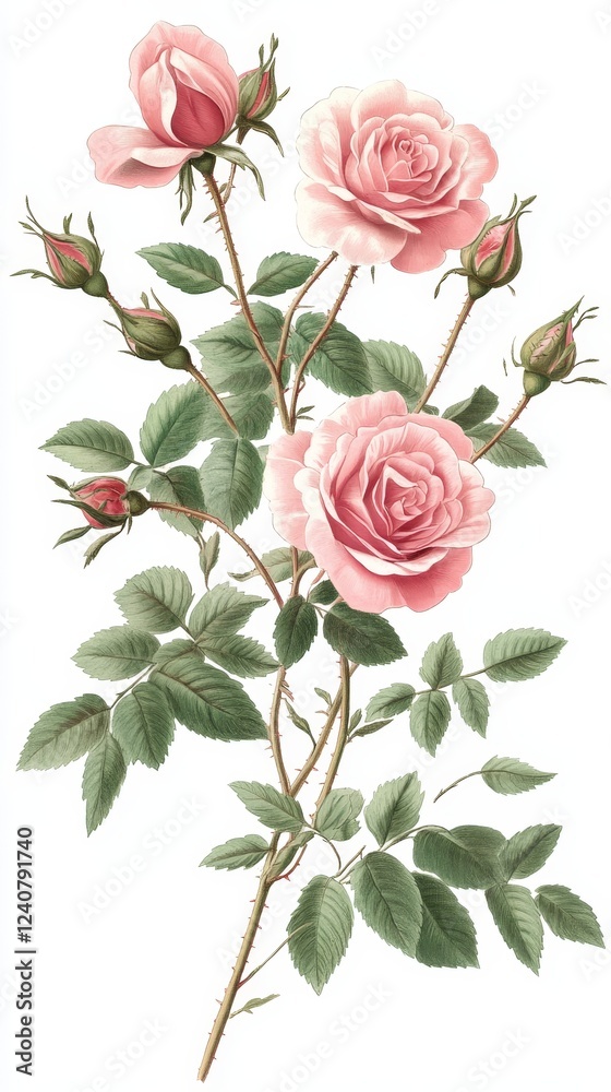 Fototapeta premium Beautiful Pink Roses with Buds and Green Leaves on Elegant Background